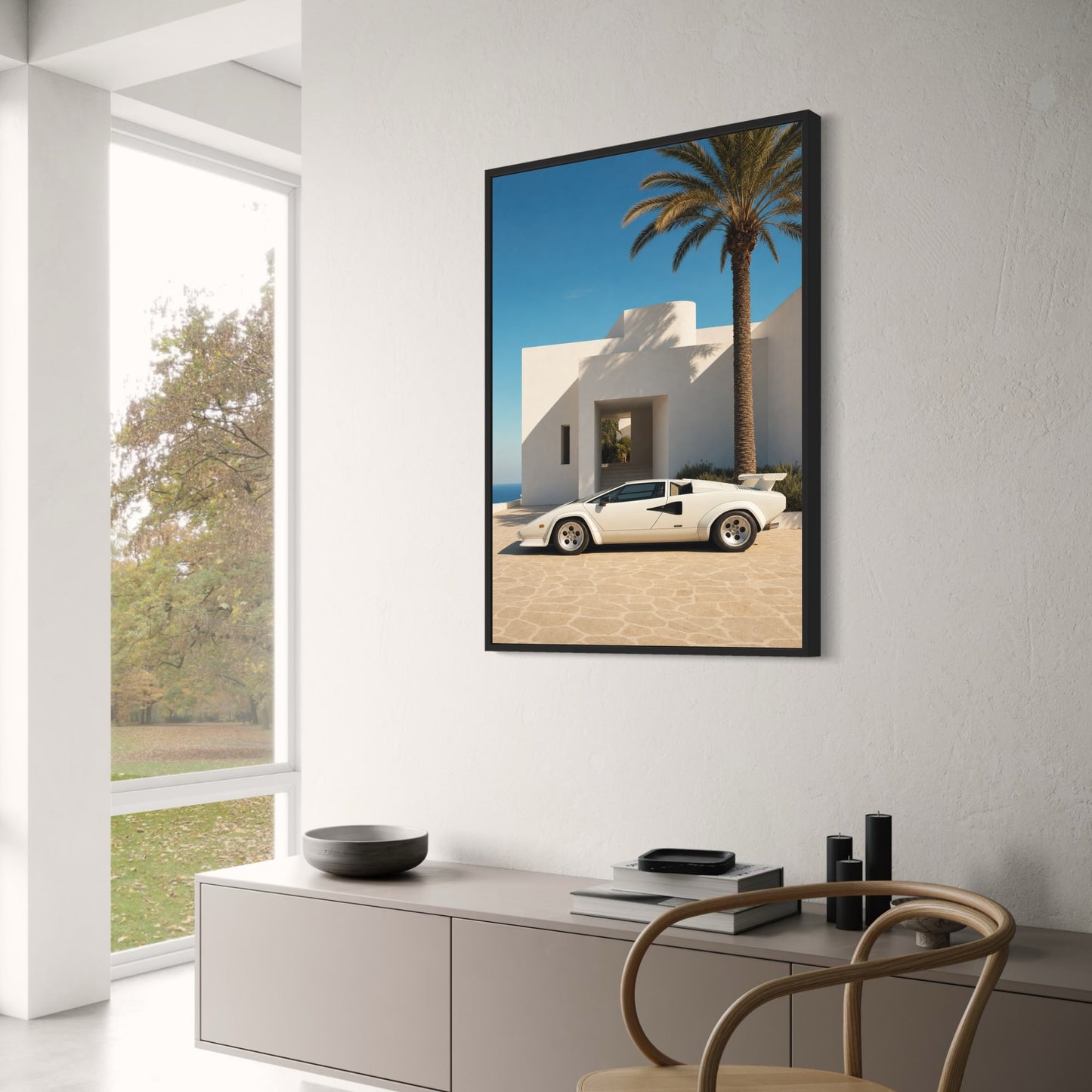 White Luxury Sports Car by Modern Villa | Classic Style Home Decor Print | Exclusive Wall Art Poster