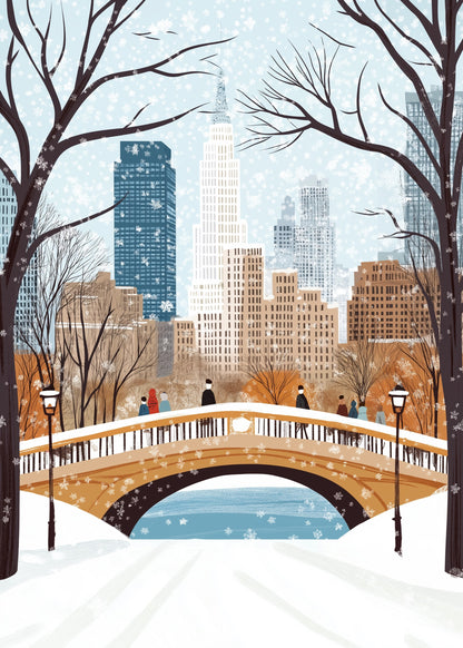 Scenic Winter Cityscape | Urban Skyline Poster with Snowfall | Elegant Snow-Covered Trees | Skyscrapers and Lamp Posts | People in Winter Attire | Home & Office Decoration | Festive Seasonal Print