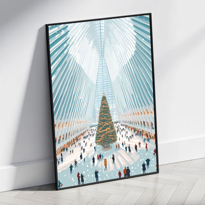 Holiday Spirit | Majestic Christmas Tree | Modern Atrium | Snowy Atmosphere Poster | Festive Decor | Interior Scene | Seasonal Celebrations | Perfect for Winter Wonderland Theme | Print