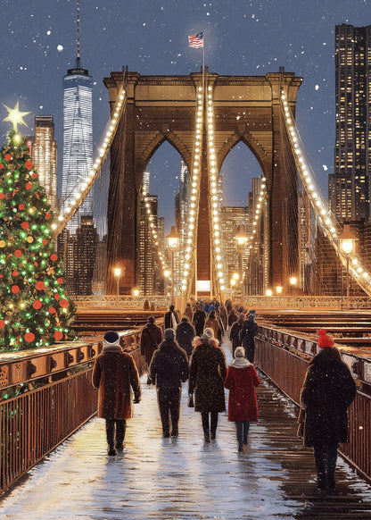 Brooklyn Bridge Festive Night | New York City Skyline | Illuminated Historic Architecture | Christmas Tree Print | Snowfall Poster | Iconic Holiday Atmosphere Art | Winter Coats | American Flag Visual Decor