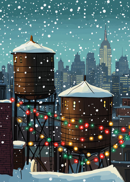 Festive Winter Cityscape | Snow-Covered Rooftops | Colorful Holiday Lights | Urban Setting | Snowy Night Poster | Skyline Print
