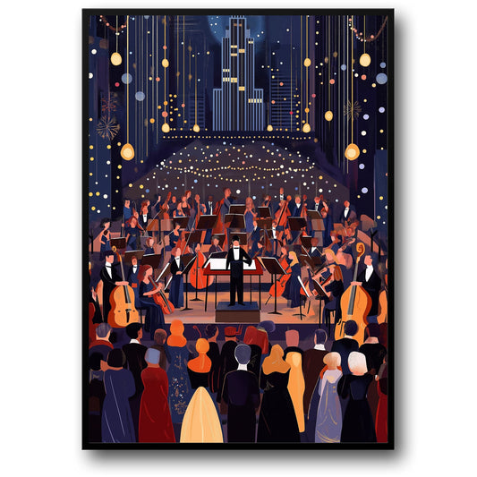 Majestic Nighttime Symphony Orchestra | Conductor | Musicians in Grand Hall | Formal Audience | Atmospheric Fireworks | Classical Music | Art Illustration Poster | Perfect for Living Room Decor | High-Quality Print