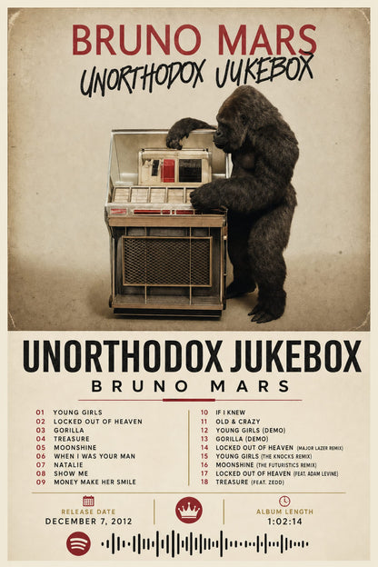 Bruno Mars Unorthodox Jukebox Album Art Print | Retro Music Decor Poster | Gorilla Jukebox Design for Home or Office