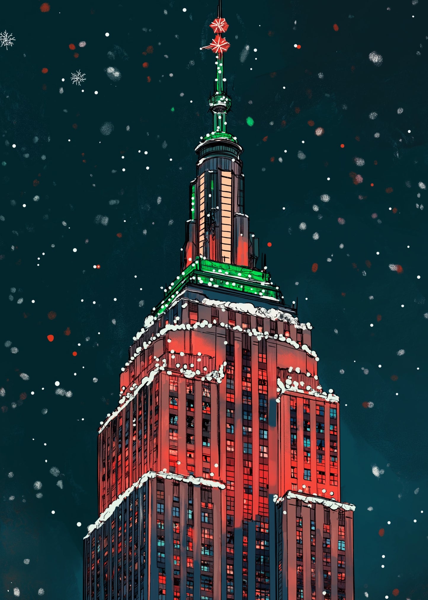 Festive Winter Night Art Print | Illuminated Art Deco Skyscraper in Holiday Lights | Snowy Urban Landscape | Christmas Colors Poster | Seasonal Decor | Magic of a Holiday Cityscape Print