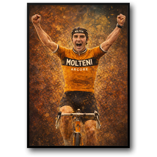 Eddy Merckx | Cyclist Celebration Art | Vintage Molteni Arcore Jersey | Road Racing Spirit Poster | Vibrant Bicycle Print Decor