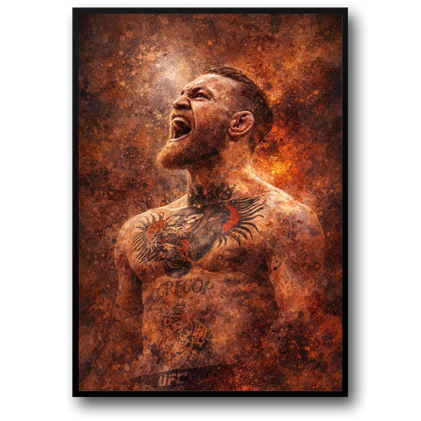 Conor McGregor | UFC Fighter Poster | Bold Shouting Pose with Intricate Tattoo and Fiery Abstract Design | Ideal for Enthusiasts | Vibrant Martial Arts Art Print for Decor Enthusiasts