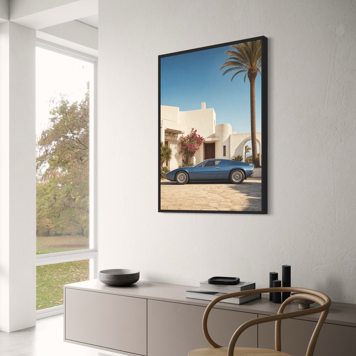 Classic Blue Sports Car | Mediterranean Villa | Luxury Auto Art Print Poster | Retro Design | Wall Decor
