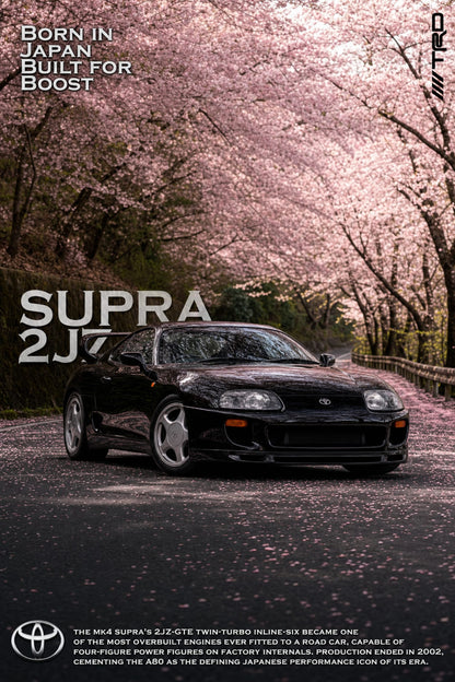 Toyota Supra MK4 2JZ | Japanese Iconic Car Art | Cherry Blossom Scene | Turbocharged Engine Legend | Performance Car Poster Print