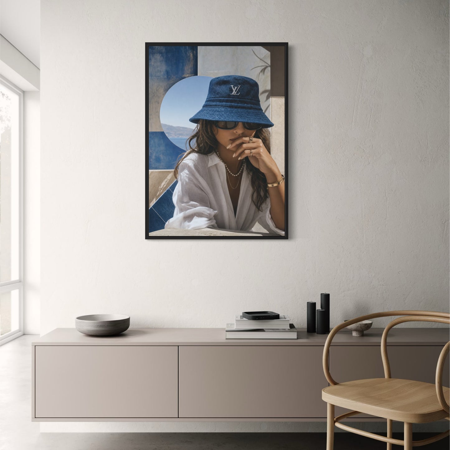 Stylish Fashion Woman in Blue Hat and Sunglasses | Elegant Art Decor | Chic Wall Poster | Luxury Style Print