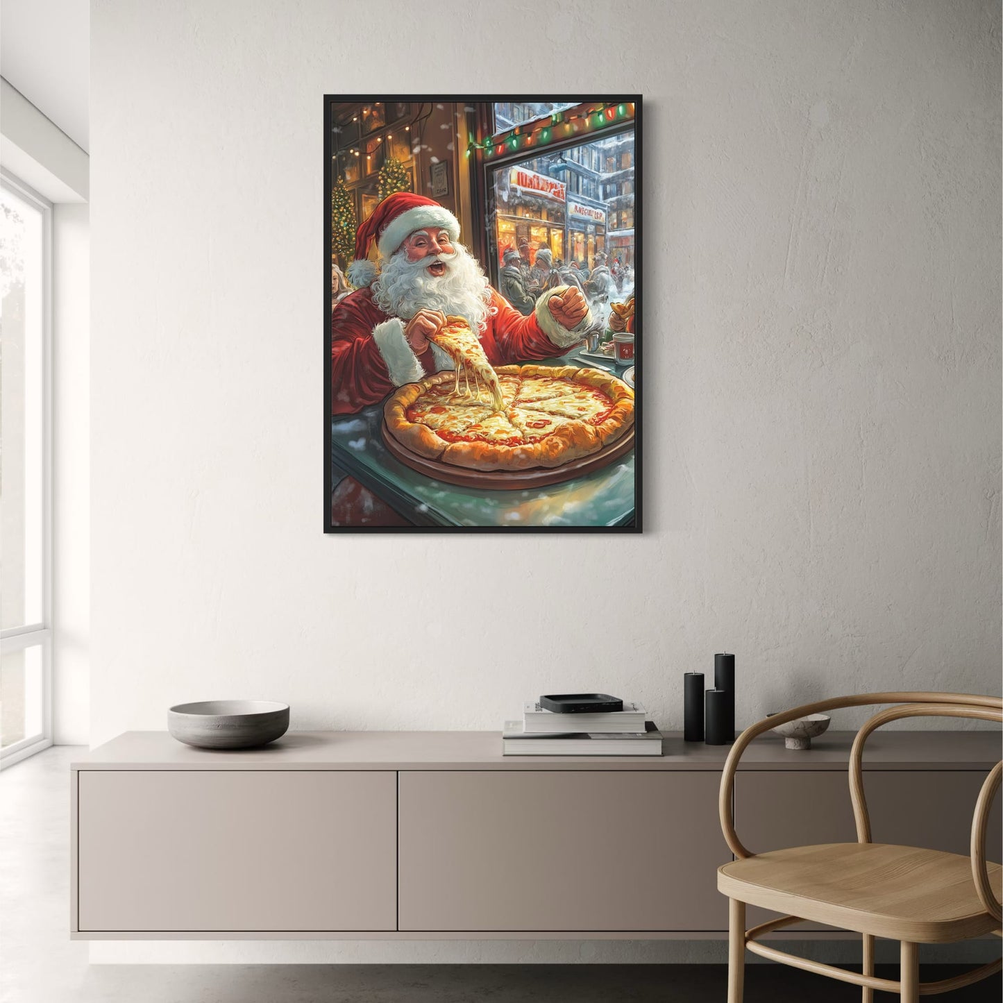 Santa Claus | Festive Holiday Pizza Celebration | Cozy Winter Café | Christmas Lights | Snowy Streetscape | Seasonal Cheer | Poster Print