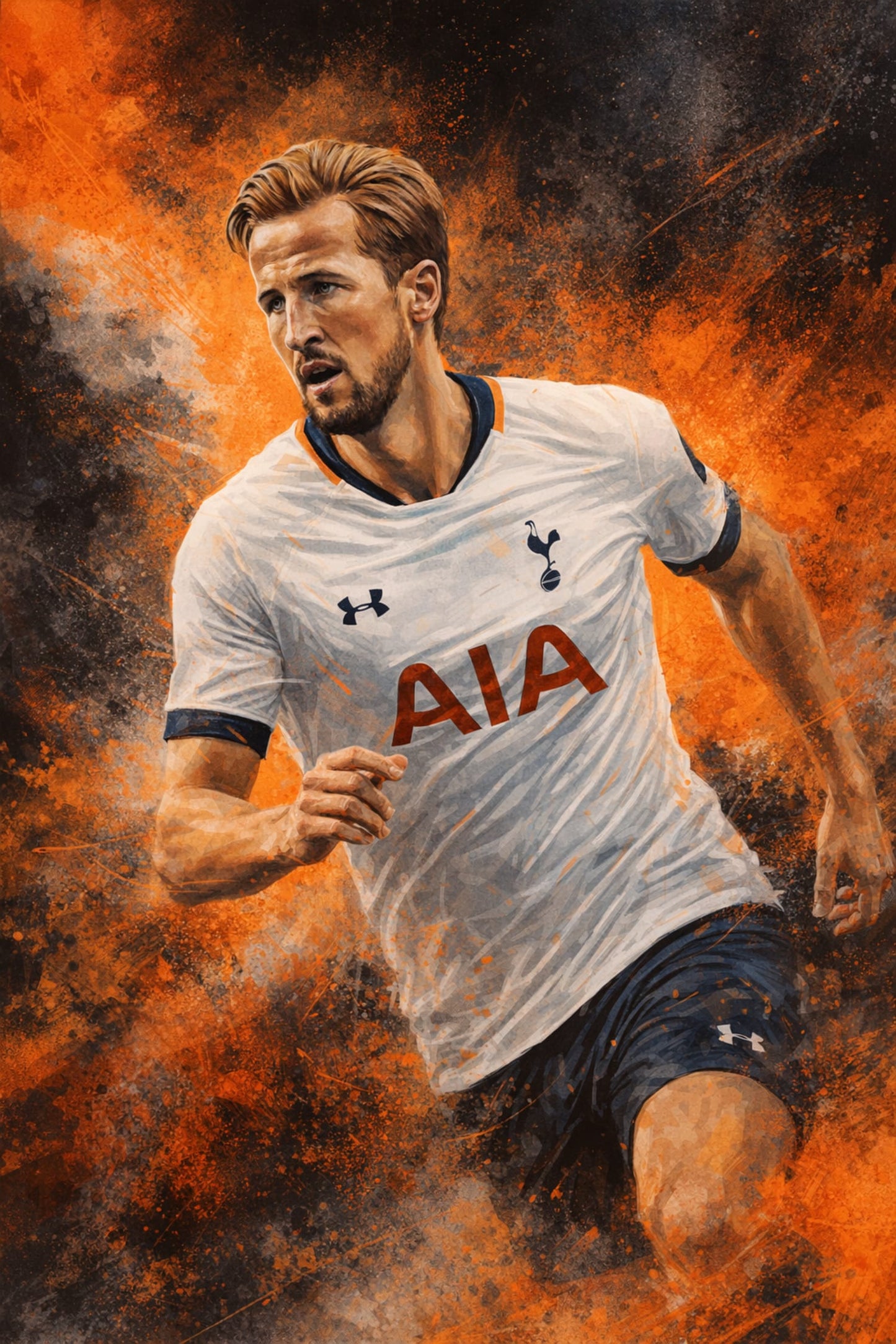 Football Art Print | Sports Poster | Fiery Orange and Dark Background | White & Navy Blue Jersey | Intensity of Professional Football | Collectible Wall Art | Home Office Decor