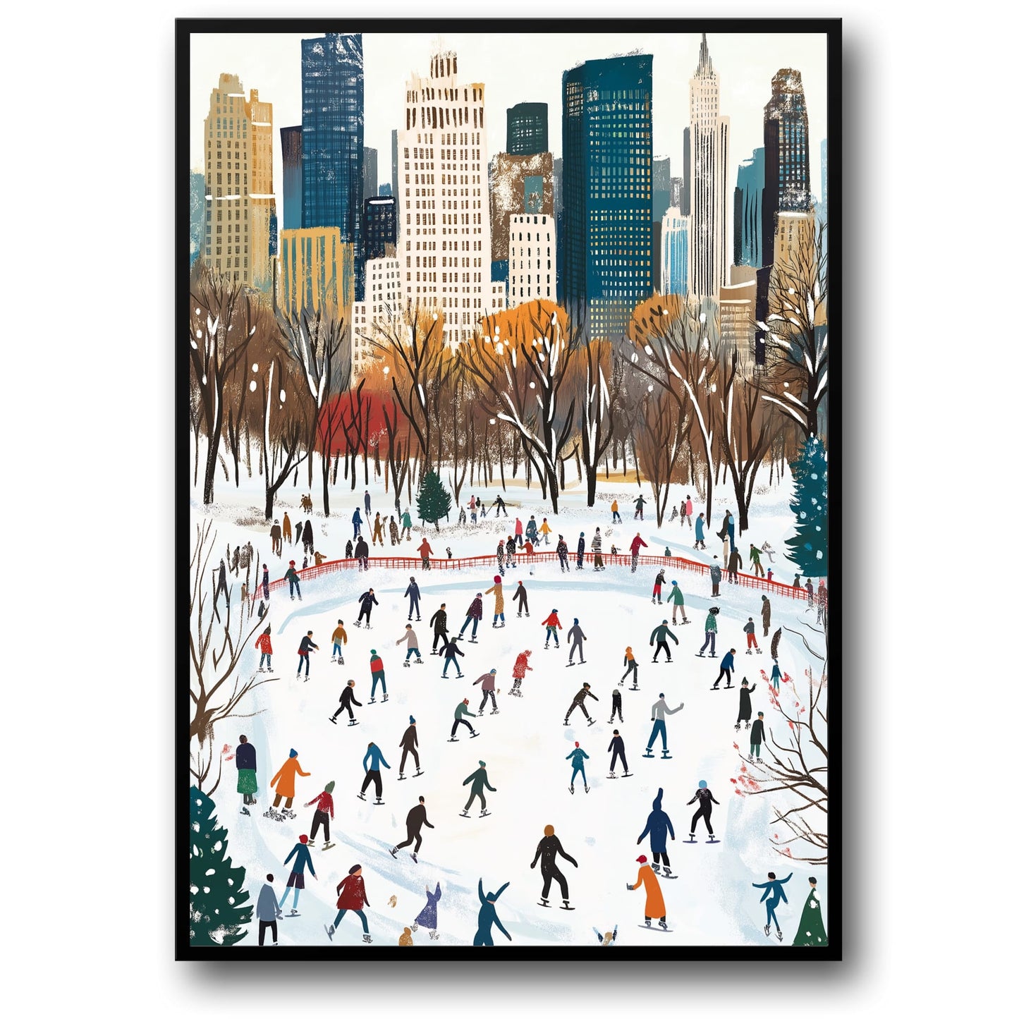 Festive Winter Wonderland | Vibrant Cityscape Background | Crowd of Skaters | Urban Snow-Filled Holiday Experience | Poster | Print