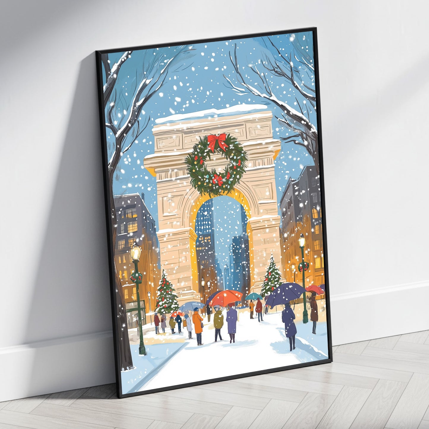 Enchanting Winter Wonderland | Iconic Snowy Archway Scene | Festive Wreath & Glowing Street Lamps | Serene Cityscape Print | Christmas Decor Poster | Perfect Gift for Holiday Cheer | Seasonal Wall Art