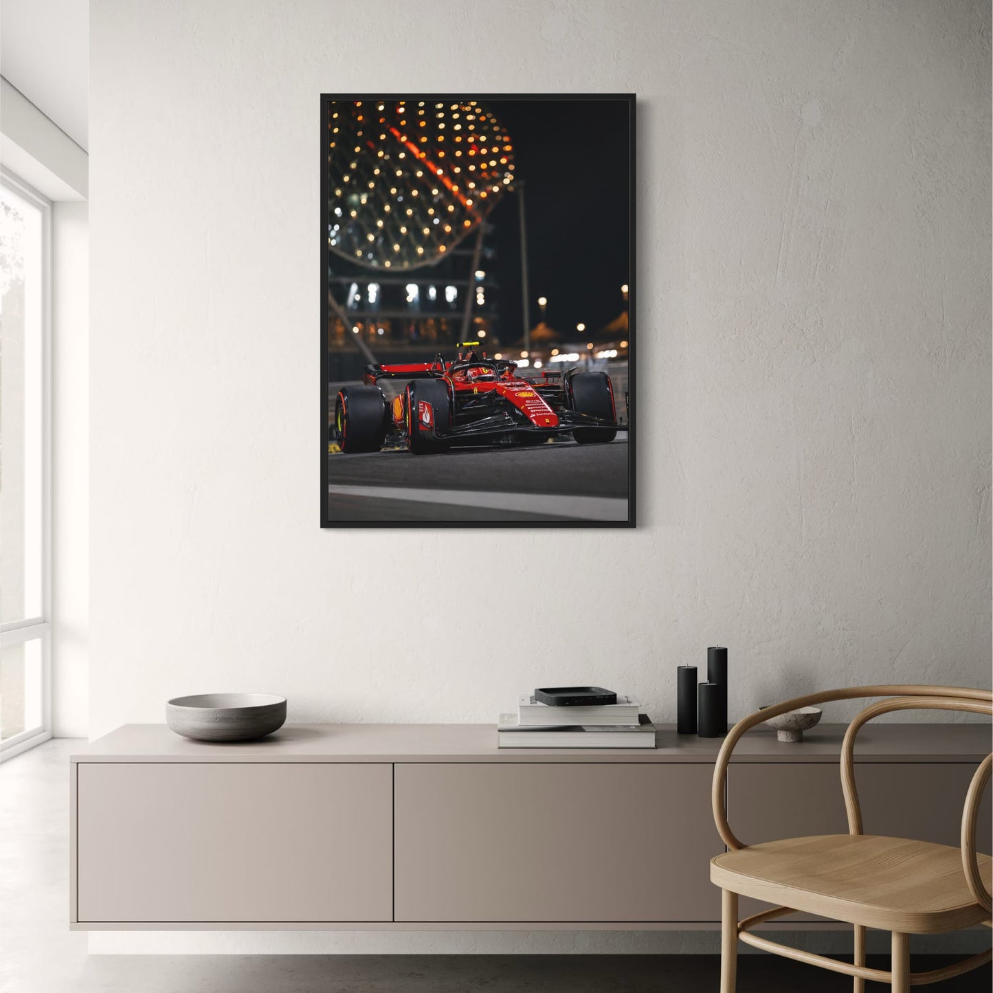 FERRARI: RED RACE CAR AT NIGHT