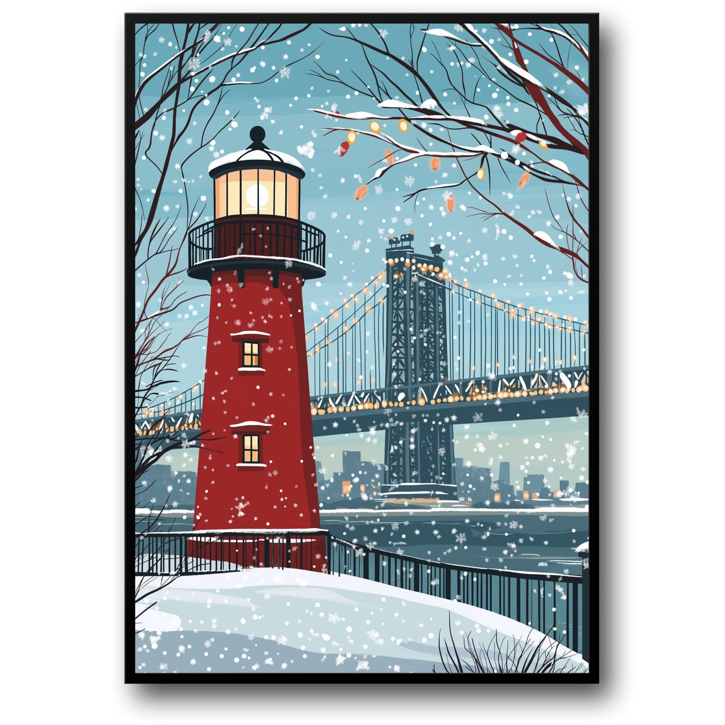 Scenic Winter Wonderland Art | Red Lighthouse in Snow | Cityscape & Bridge | Holiday Lights & Falling Snowflakes | Nature Enthusiast Gift | Large Wall Print | Tranquil Seasonal Decor | Serene Atmosphere