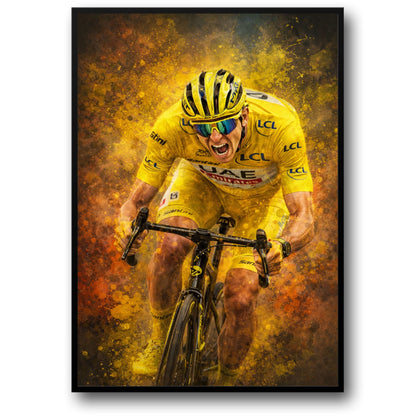Cycling Athlete Art | Intense Sports Poster | Vibrant Yellow Kit | Adrenaline Race Poster | Splattered Paint Effect | Bike Enthusiast Wall Art | Team Branding Print | Sporty Decor | Home Gym Poster