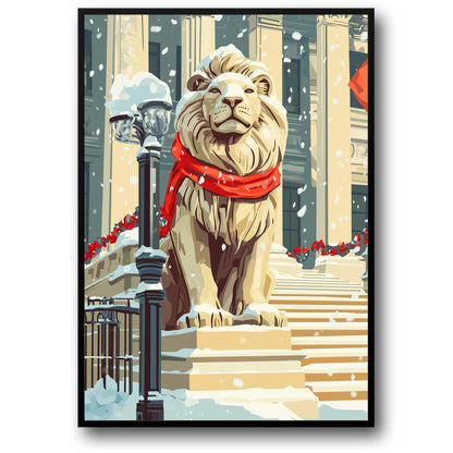 Regal Lion Statue in Snow | Bright Red Scarf | Urban Setting | Festive Garlands | Holiday Spirit | Classic Architecture | Poster Print