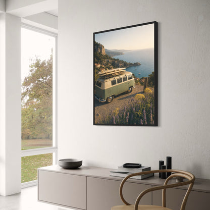 Vintage Surf Van Coastal Road Trip | Scenic Ocean View | Travel Adventure Art Print | Retro Photography Poster