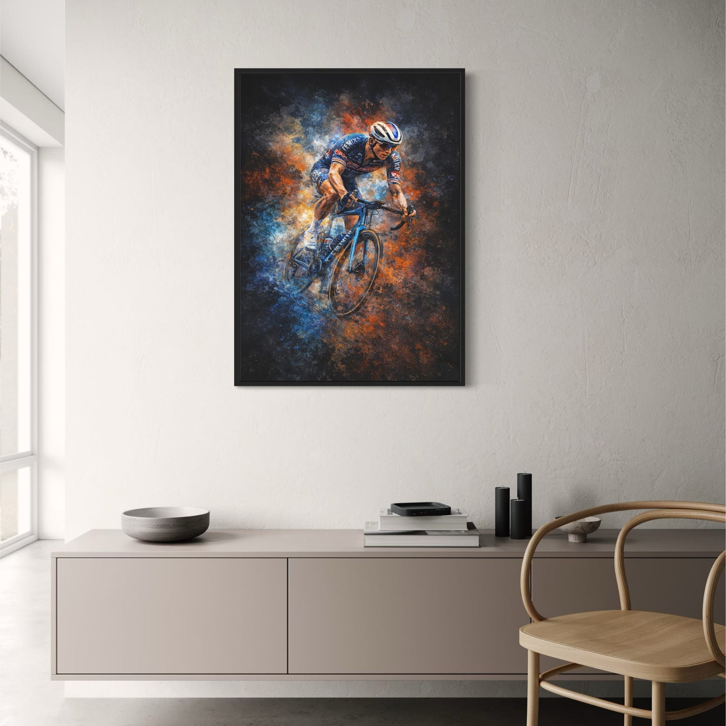 Bicycle Racing Poster | Vibrant Blue Orange Brush Strokes | Sports Enthusiasts Art Print | Home Office Gym Décor