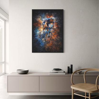 Bicycle Racing Poster | Vibrant Blue Orange Brush Strokes | Sports Enthusiasts Art Print | Home Office Gym Décor