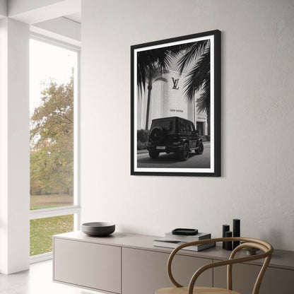 Mercedes G-Class G63 at Luxury Storefront | Black and White Art Print | Wall Decor Poster | Modern Home Interior Design