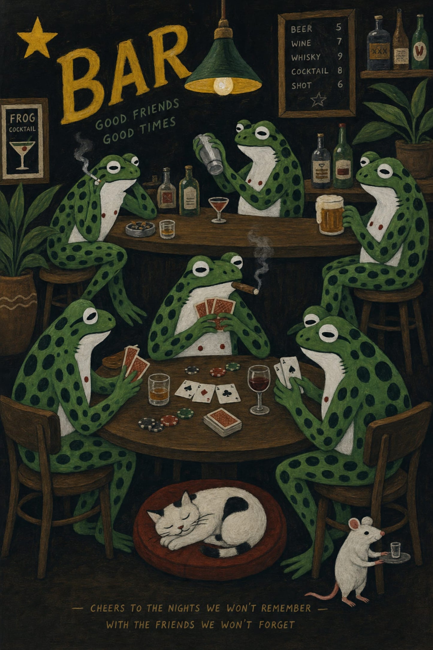 Frog Friends Bar Scene | Humorous Animal Art | Frogs Playing Cards and Drinking | Whimsical Pub Poster | Fun Print for Home Decor