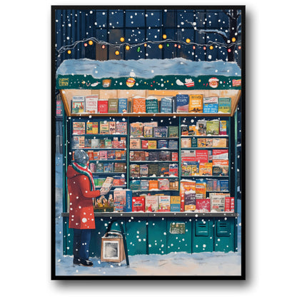 Winter Wonderland Poster | Cozy Snowy Scene | Enthusiastic Reader in Red | Exploring Books | Festive String Lights | Holiday Atmosphere | Snowflakes in Urban Setting | Perfect Home Décor Print for Book Lovers