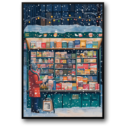 Winter Wonderland Poster | Cozy Snowy Scene | Enthusiastic Reader in Red | Exploring Books | Festive String Lights | Holiday Atmosphere | Snowflakes in Urban Setting | Perfect Home Décor Print for Book Lovers