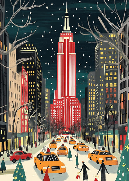 Empire State Building | Colorful Winter Cityscape | Festive Red & White | Snowflakes | Holiday Spirit | Vibrant Street Scene | Urban Winter Charm | Yellow Taxis | Holiday Shoppers | Snow-Covered Avenue | Print Poster