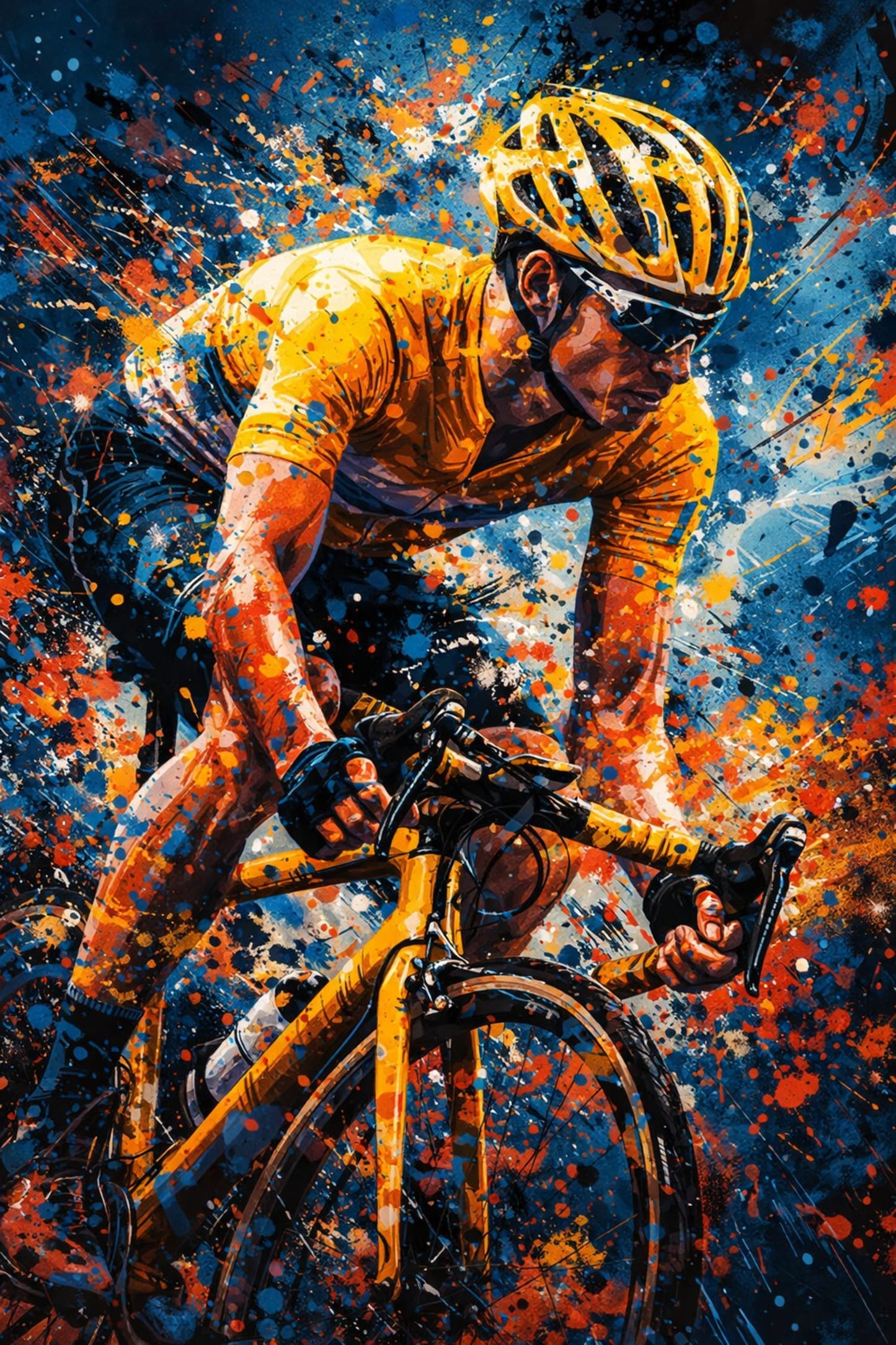 Sports Art | Intense Cyclist in Yellow Jersey | Blue & Orange Splashes | Energy & Motion | Motivational Poster Print