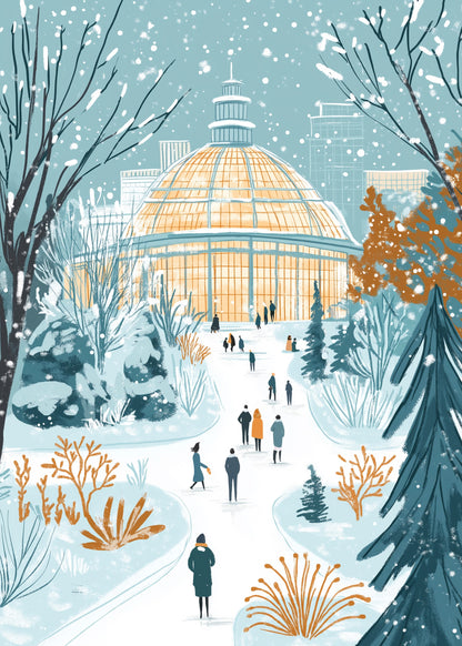 Winter Wonderland | Serene Botanical Garden Pathway with Snowfall | Iconic Glass-Domed Conservatory Scene | Vibrant Blue & Orange Illustration | Ideal Winter Decor Print | Perfect Seasonal Artwork Poster