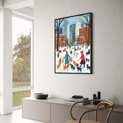 Charming Urban Winter Scene | Vibrant Dogs & Snowy Park | Skyline & Falling Snowflakes | Red Brick Buildings | Seasonal Poster Print
