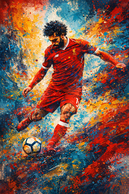 Mohamed Salah | Soccer Action | Vibrant Splatter Art | Abstract Football Print | Expressive Brush Strokes | Red Sports Uniform | Sports Enthusiasts Decor | High-Quality Poster for Home or Office