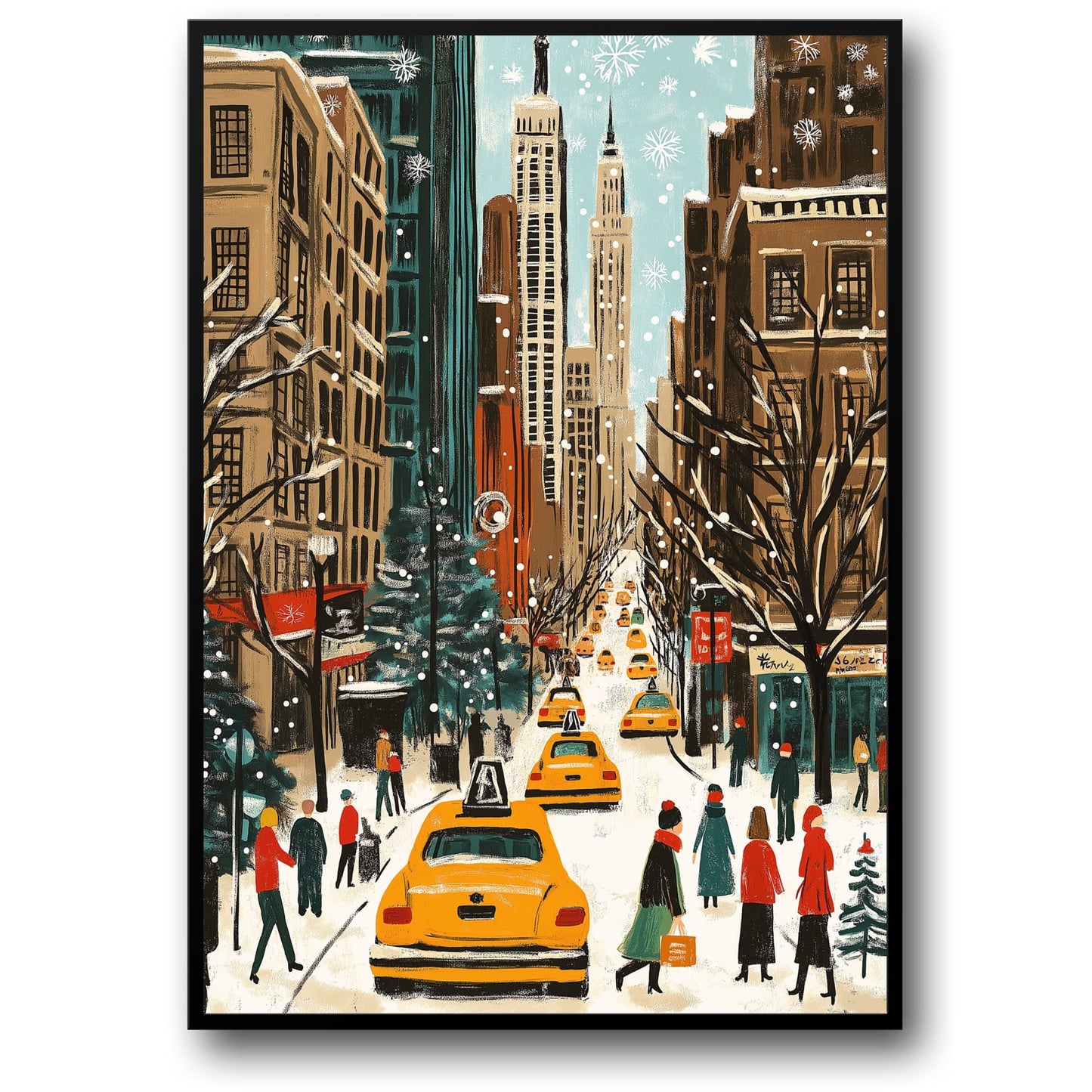 Snowy Urban Winter Cityscape Poster | Busy Streets & Yellow Cabs | Vibrant Holiday Scene Art Print | Skyscrapers & Decorated Trees | Charming Seasonal Skyline | Iconic Metropolitan Art Print