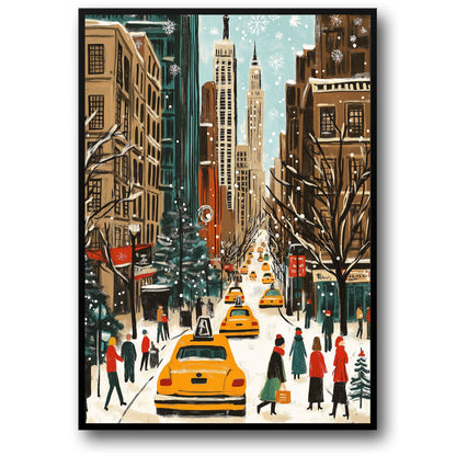 Snowy Urban Winter Cityscape Poster | Busy Streets & Yellow Cabs | Vibrant Holiday Scene Art Print | Skyscrapers & Decorated Trees | Charming Seasonal Skyline | Iconic Metropolitan Art Print