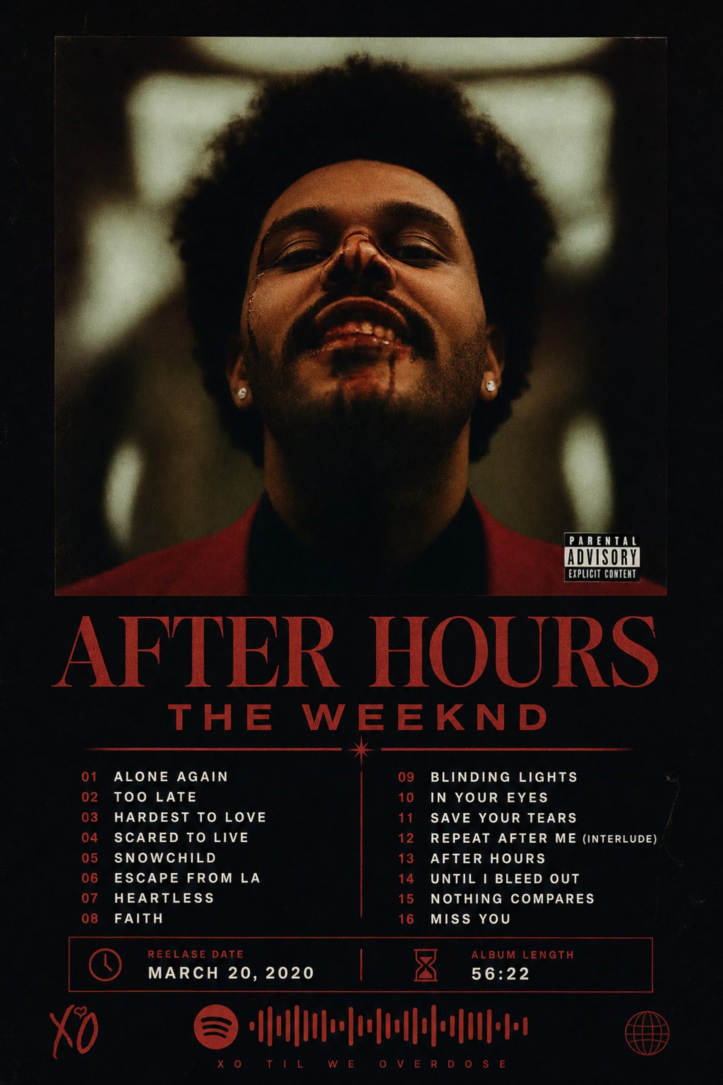 After Hours Music Poster | Iconic Album Art Print | Trendy Wall Decor | Perfect for Music Fans | Song List Included | Premium Quality Print | Ideal Gift for Collectors and Enthusiasts | Stylish Poster