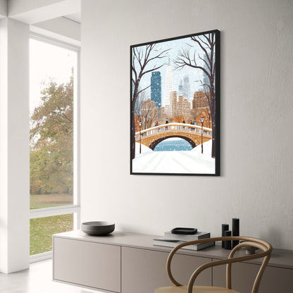 Scenic Winter Cityscape | Urban Skyline Poster with Snowfall | Elegant Snow-Covered Trees | Skyscrapers and Lamp Posts | People in Winter Attire | Home & Office Decoration | Festive Seasonal Print