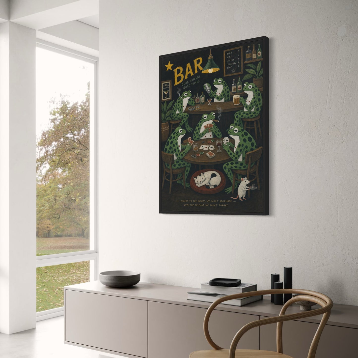 Frog Friends Bar Scene | Humorous Animal Art | Frogs Playing Cards and Drinking | Whimsical Pub Poster | Fun Print for Home Decor