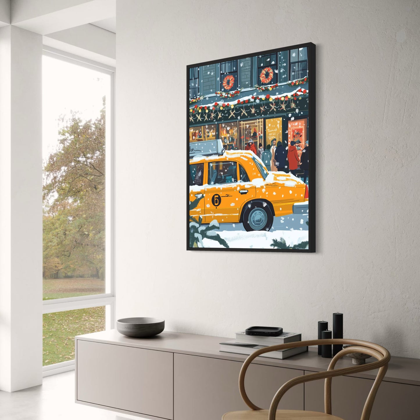 Festive Urban Winter Scene | Yellow Taxi Cab in Snow | Christmas Wreaths and Garlands | Perfect Home or Holiday Gift | City Poster Print