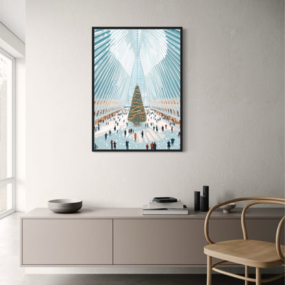 Holiday Spirit | Majestic Christmas Tree | Modern Atrium | Snowy Atmosphere Poster | Festive Decor | Interior Scene | Seasonal Celebrations | Perfect for Winter Wonderland Theme | Print