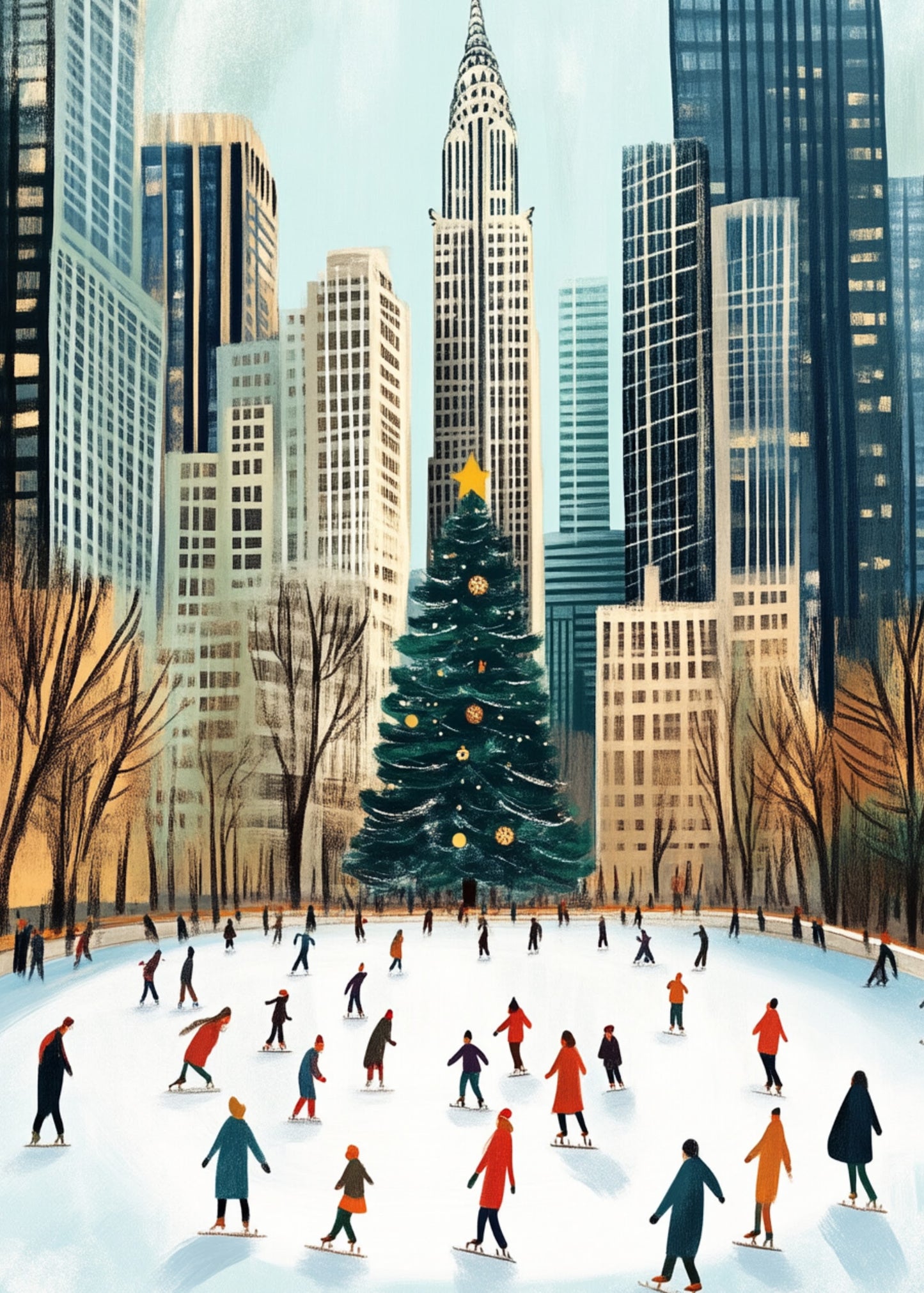Winter Wonderland Cityscape | Ice Skating Scene | Vibrant Holiday Decor | Christmas Tree | Urban Outdoor Rink Print | Festive Poster