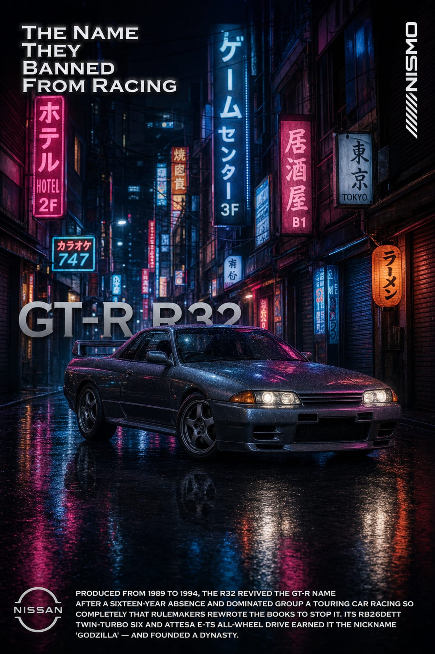 Nissan GT-R R32 | Iconic Car Racing Heritage | Night Cityscape Art | Automotive Legend Poster Print