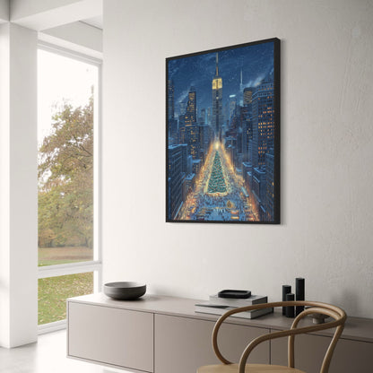 Majestic Winter Night | Christmas Tree Cityscape | Snow-Covered City | Holiday Atmosphere | Festive Scene | Urban Poster | Print