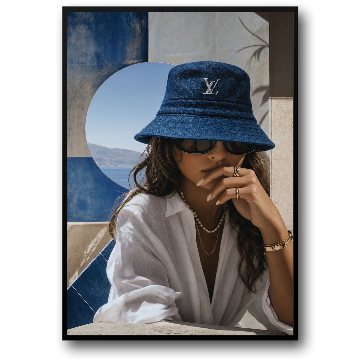 Stylish Fashion Woman in Blue Hat and Sunglasses | Elegant Art Decor | Chic Wall Poster | Luxury Style Print
