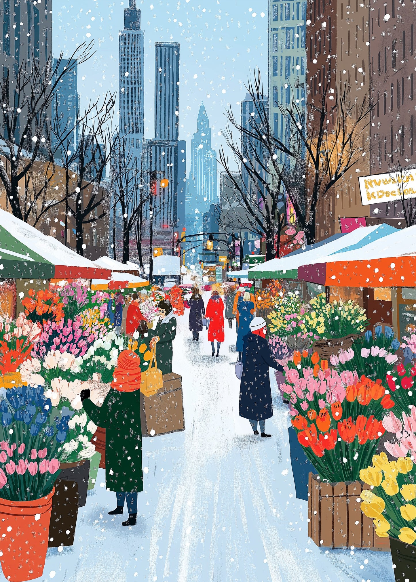 Colorful Urban Winter Street Scene | Vibrant Flower Stalls | People Amidst Snowflakes | Skyscrapers & Trees Backdrop | City Life Charm | Tulips & Daffodils | Wall Decor Print Poster