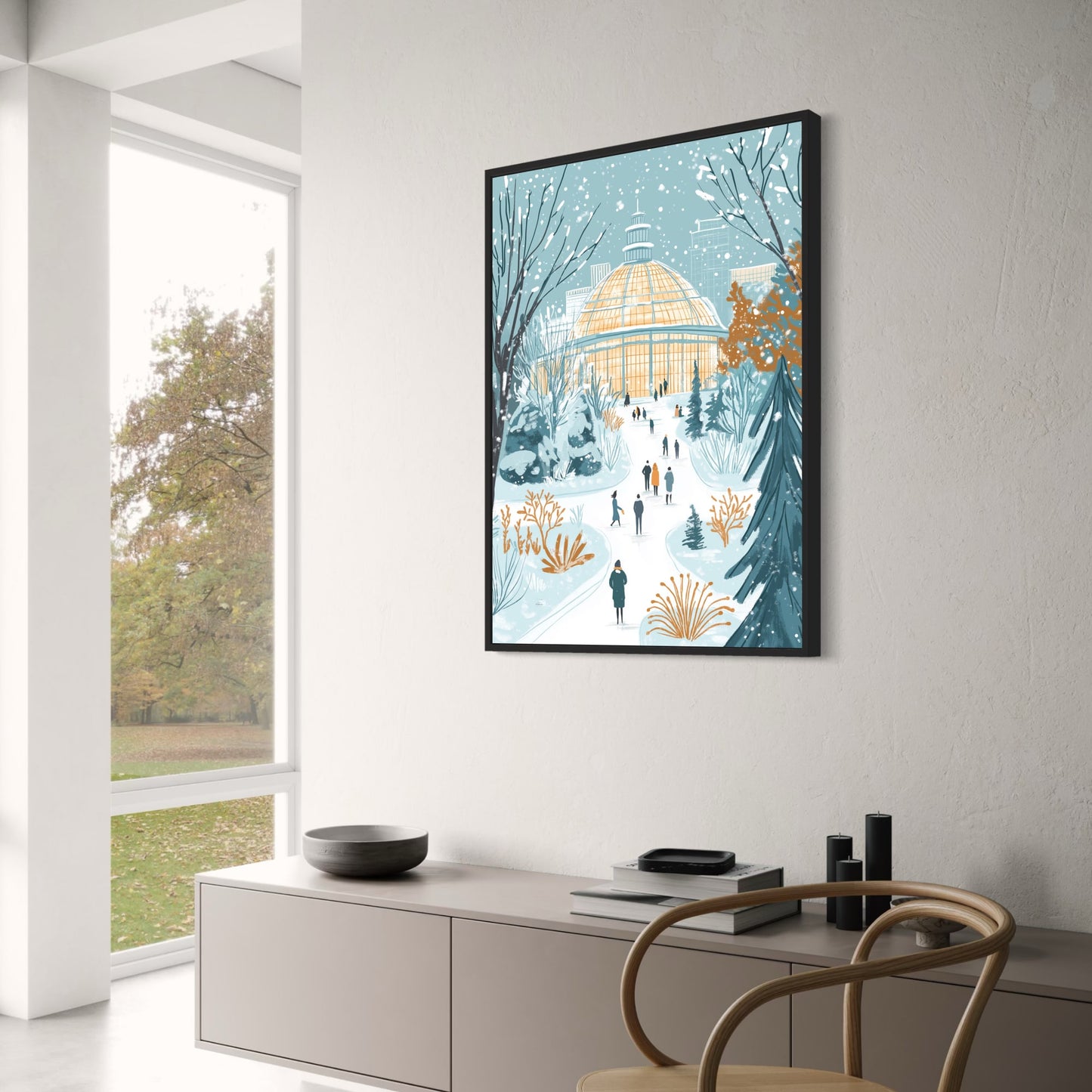 Winter Wonderland | Serene Botanical Garden Pathway with Snowfall | Iconic Glass-Domed Conservatory Scene | Vibrant Blue & Orange Illustration | Ideal Winter Decor Print | Perfect Seasonal Artwork Poster