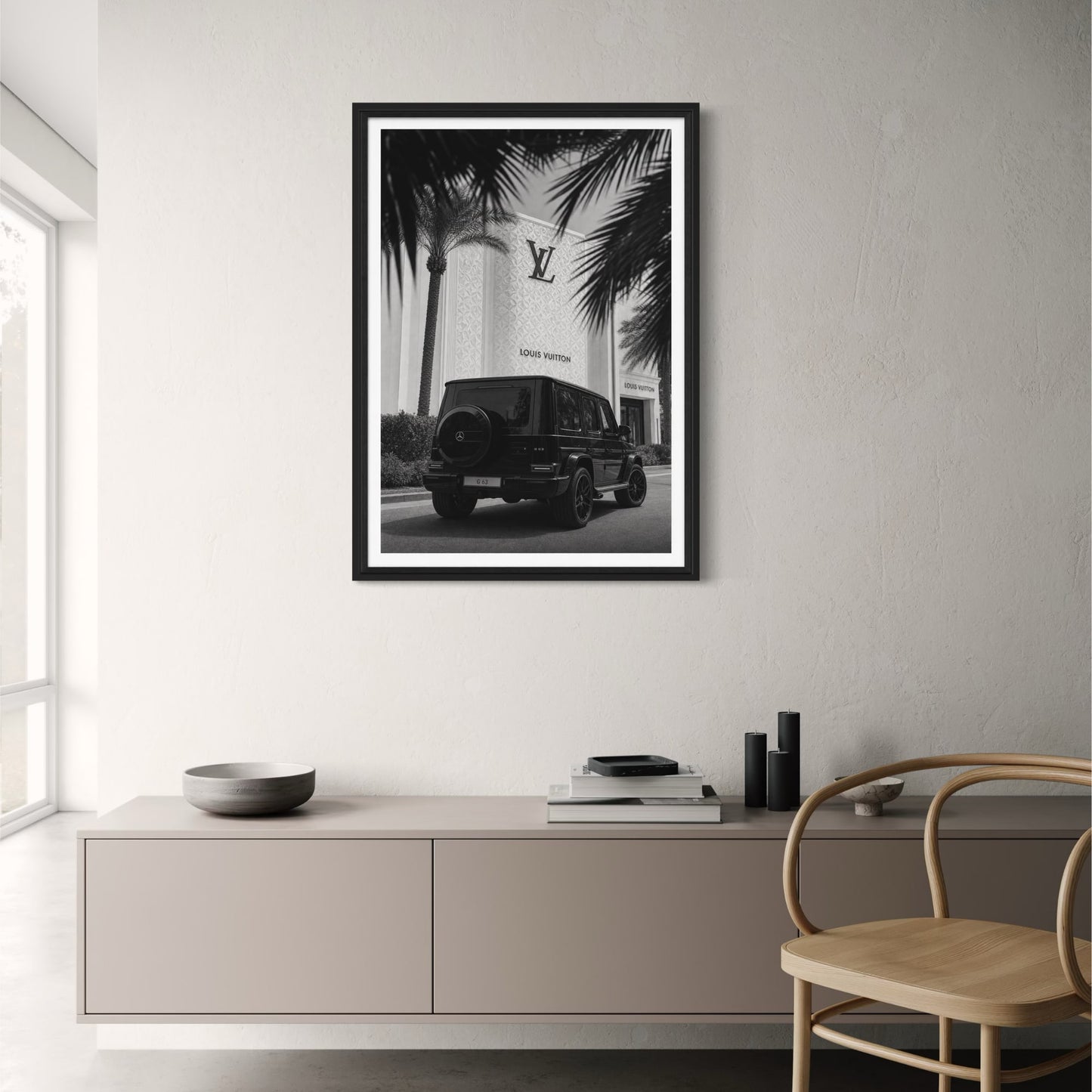 Mercedes G-Class G63 at Luxury Storefront | Black and White Art Print | Wall Decor Poster | Modern Home Interior Design
