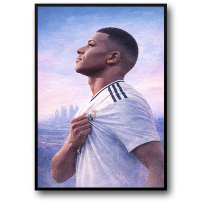 Inspirational Sports Artwork | Football Player Illustration with Team Emblem | Cityscape Background | Motivational Poster Print | Modern Decor for Sports Enthusiasts | Athletic Spirit and Dedication