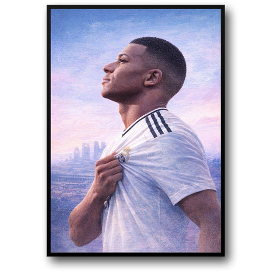 Inspirational Sports Artwork | Football Player Illustration with Team Emblem | Cityscape Background | Motivational Poster Print | Modern Decor for Sports Enthusiasts | Athletic Spirit and Dedication