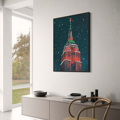 Festive Winter Night Art Print | Illuminated Art Deco Skyscraper in Holiday Lights | Snowy Urban Landscape | Christmas Colors Poster | Seasonal Decor | Magic of a Holiday Cityscape Print